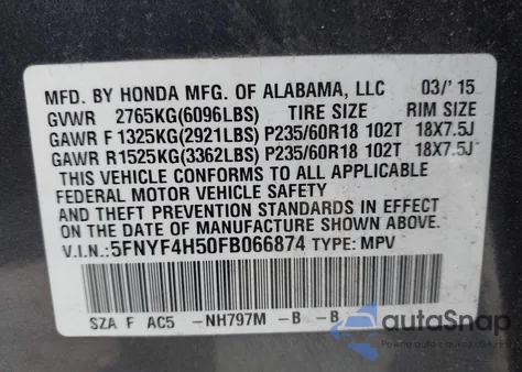 2015 Honda Pilot Ex-L z USA, uszkodzony, nr VIN 5FNYF4H50FB066874